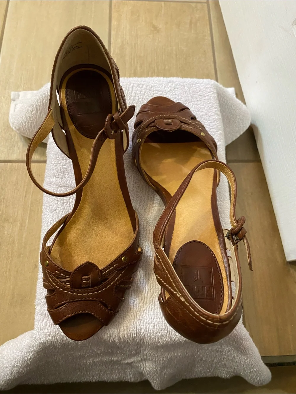 Frye Brown Leather Peep-Toe Ankle Strap Heels